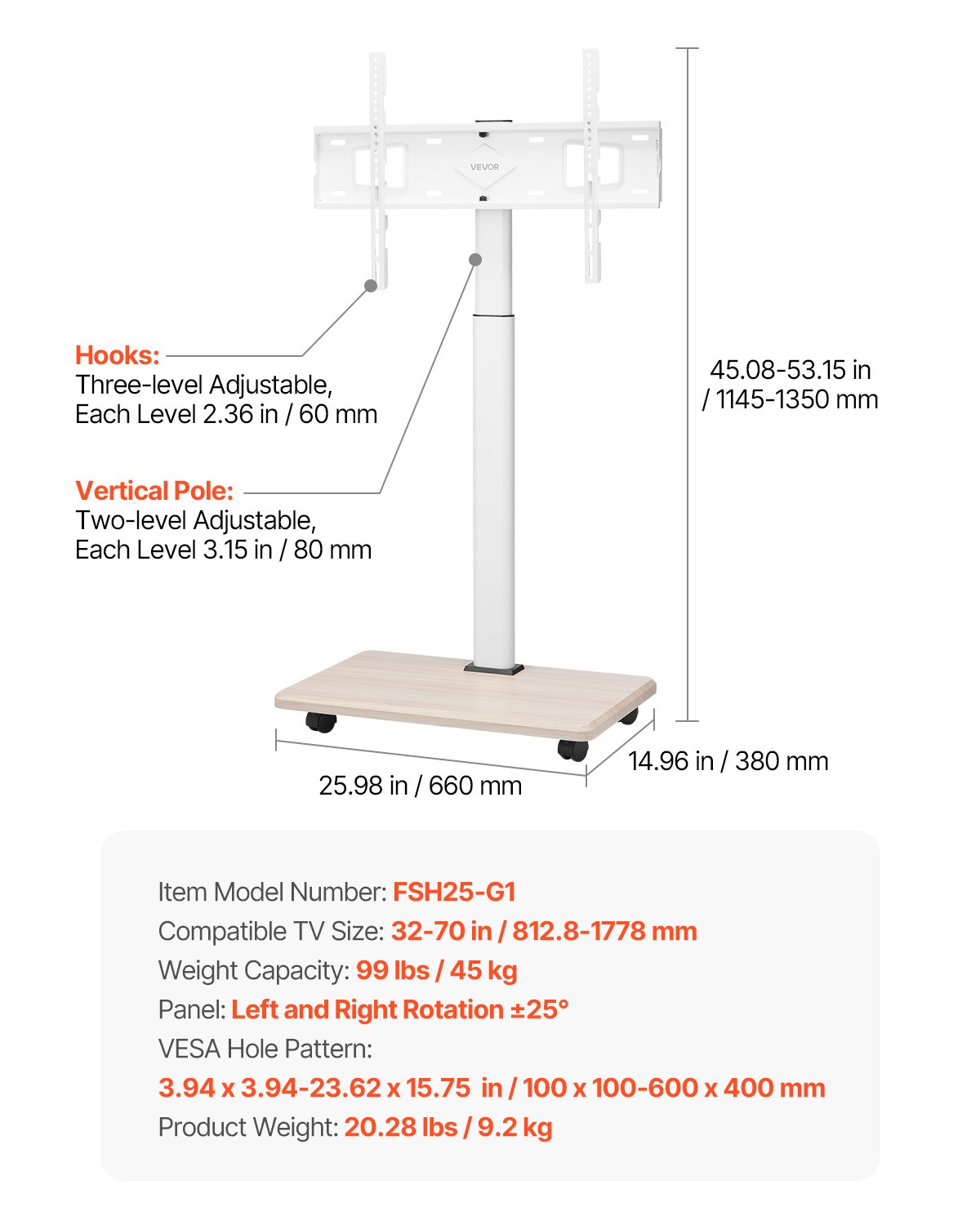 Rolling TV Stand Mobile TV Cart Holds Up to 99 lbs for 32-70 Inch Screens