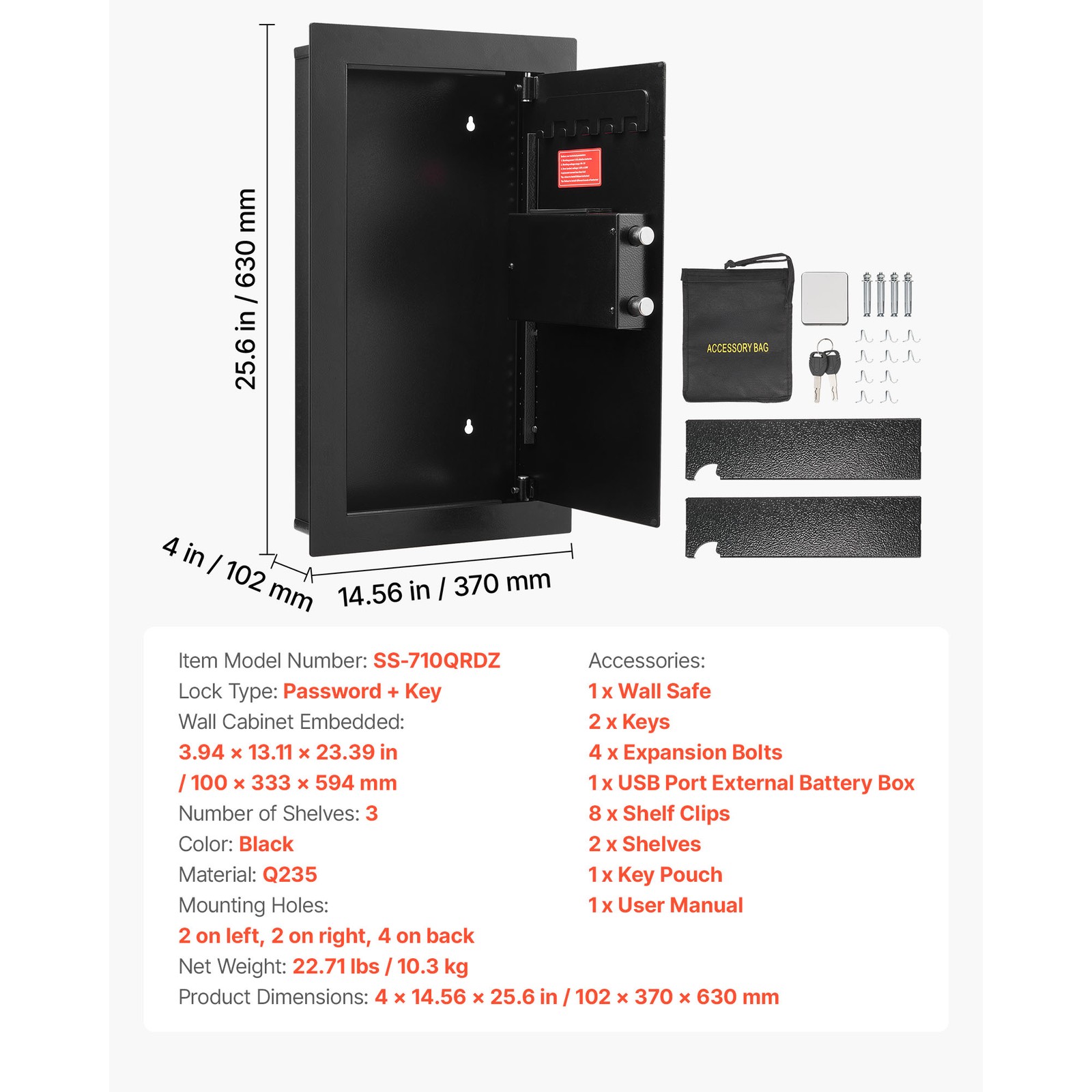 Uimoso 3-Tier Wall Safe with LED Light, Password & Key Access,Adjustable Shelves