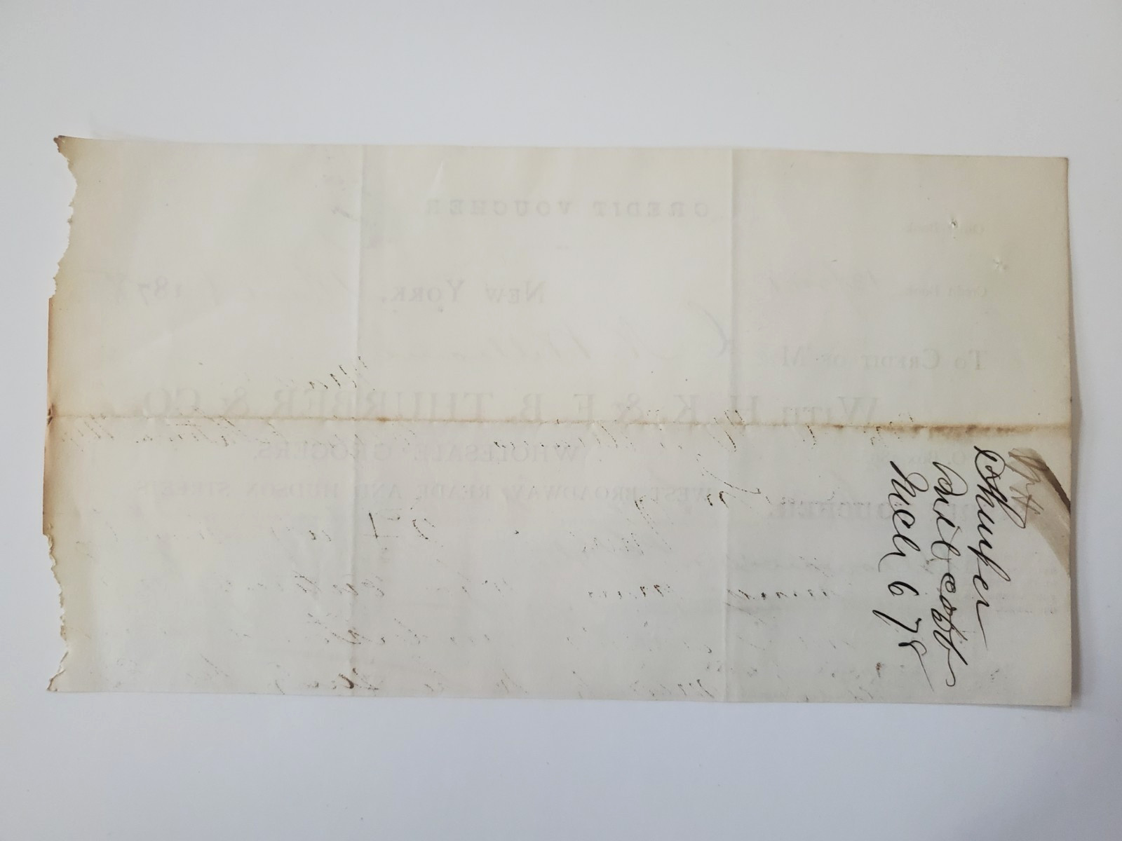 1878 Credit Voucher, H.K & F.B. Thurber & Co, Wholesale Grocers, New York City