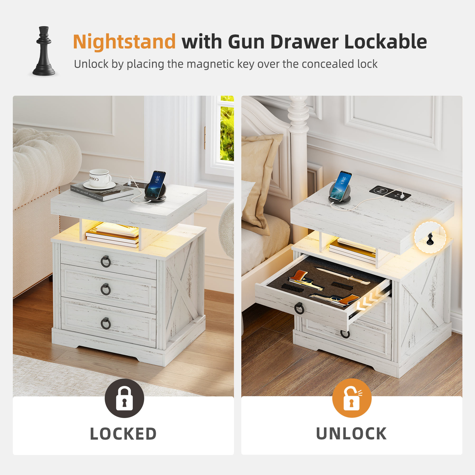 Farmhouse Night Stand with Gun Drawer, LED NightStand with Light & Human Sensor