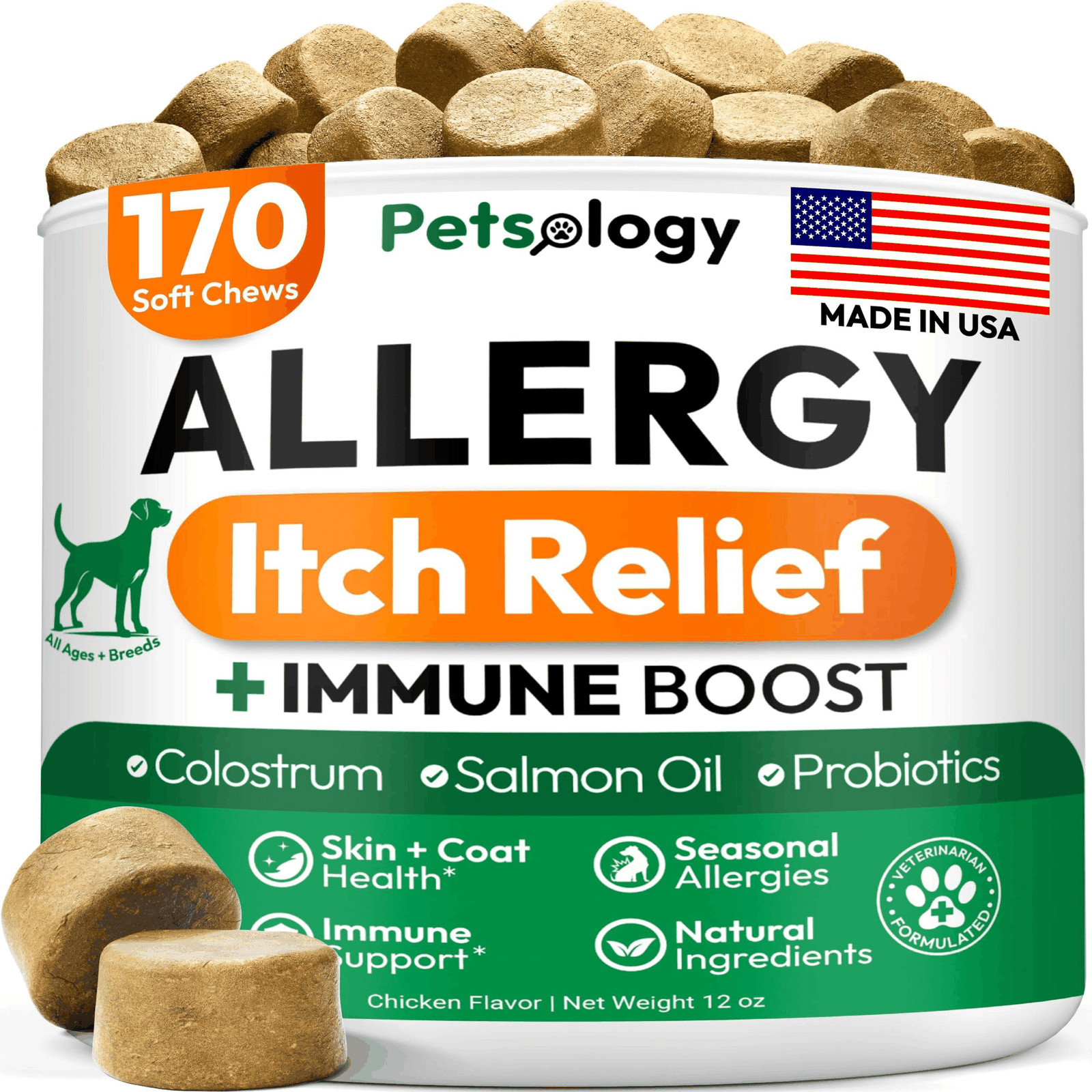 Dog Allergy Relief Chews 170 Treats Itch Relief for Dogs Omega 3 Fish Oil