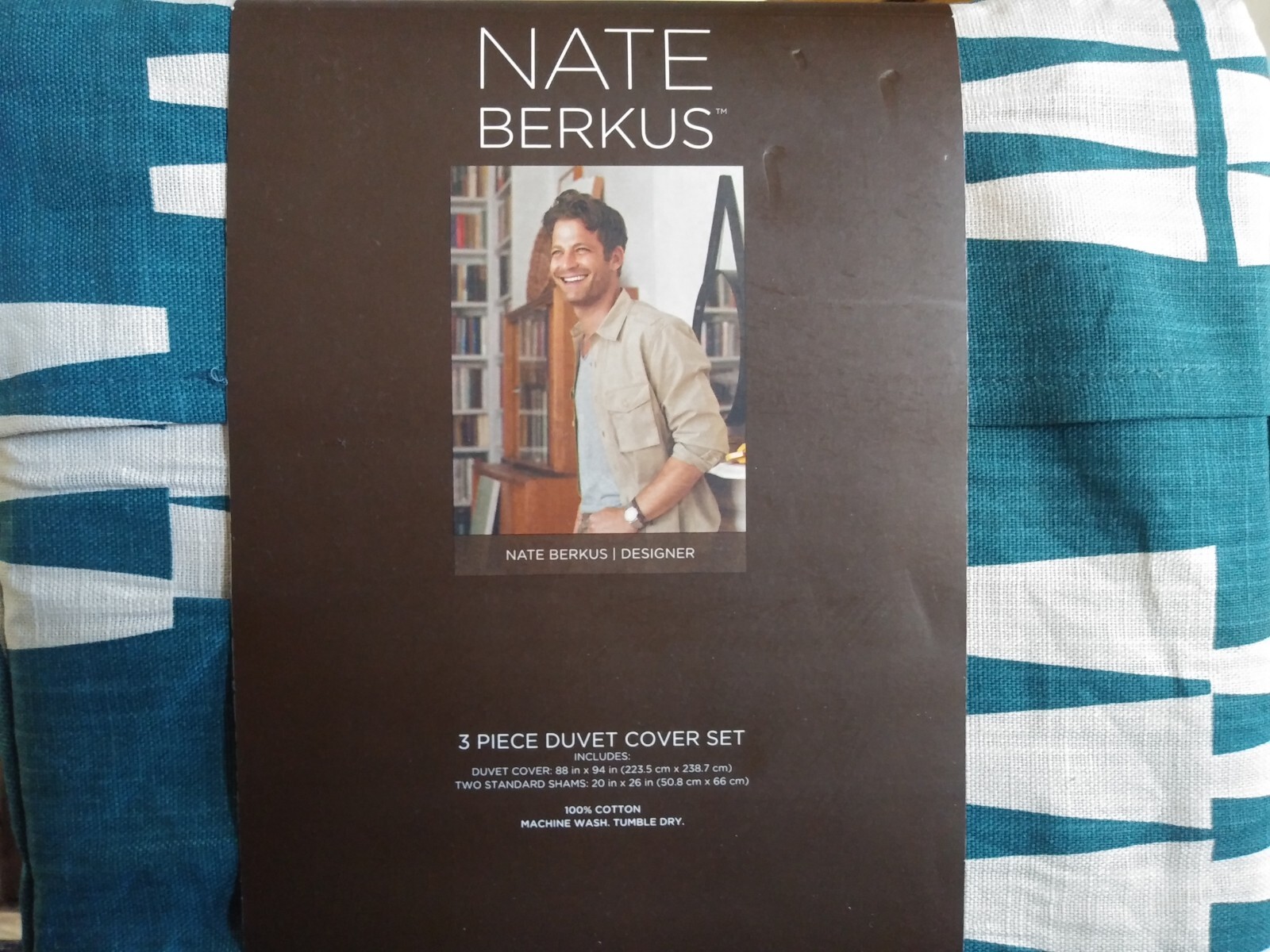 Brand New NATE BERKUS 3pc F/Q Duvet set Ogee Teal Ivory 100% COTTON