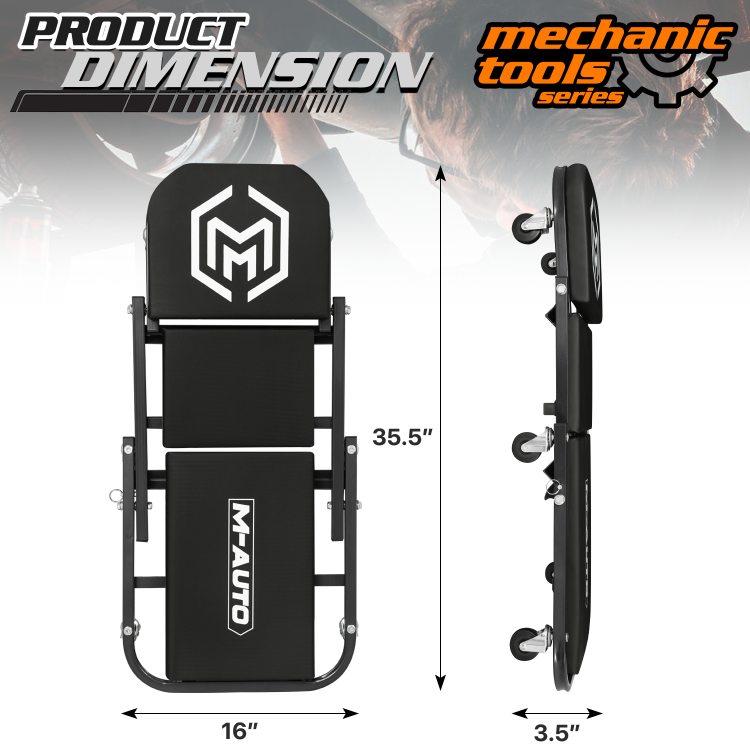 36" Black Folding Creeper Mechanic Work Upholstered Seat Automotive Repair Stool