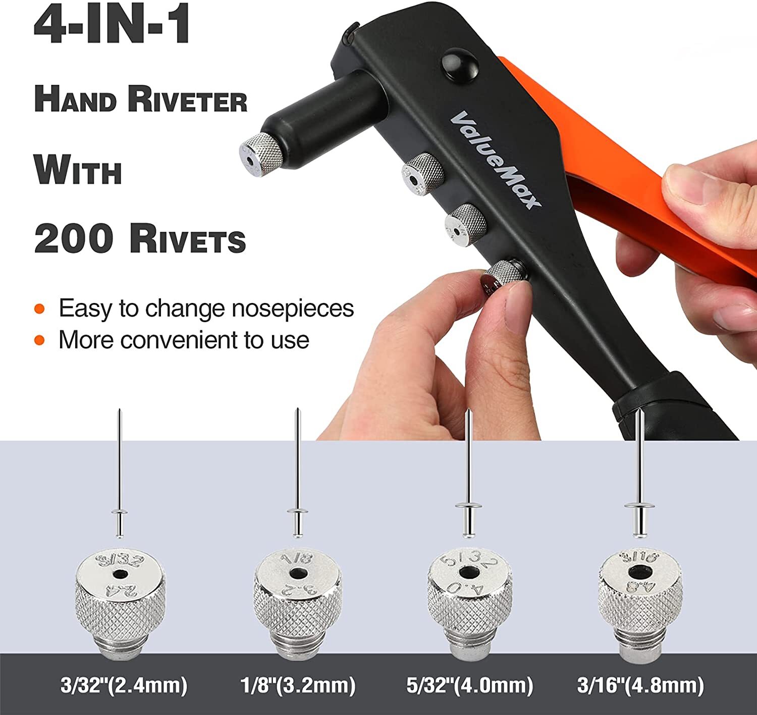 ValueMax 4-in-1 Hand Riveter/Rivet Gun Pop Rivet Tool Kit with 200 Rivets Steel