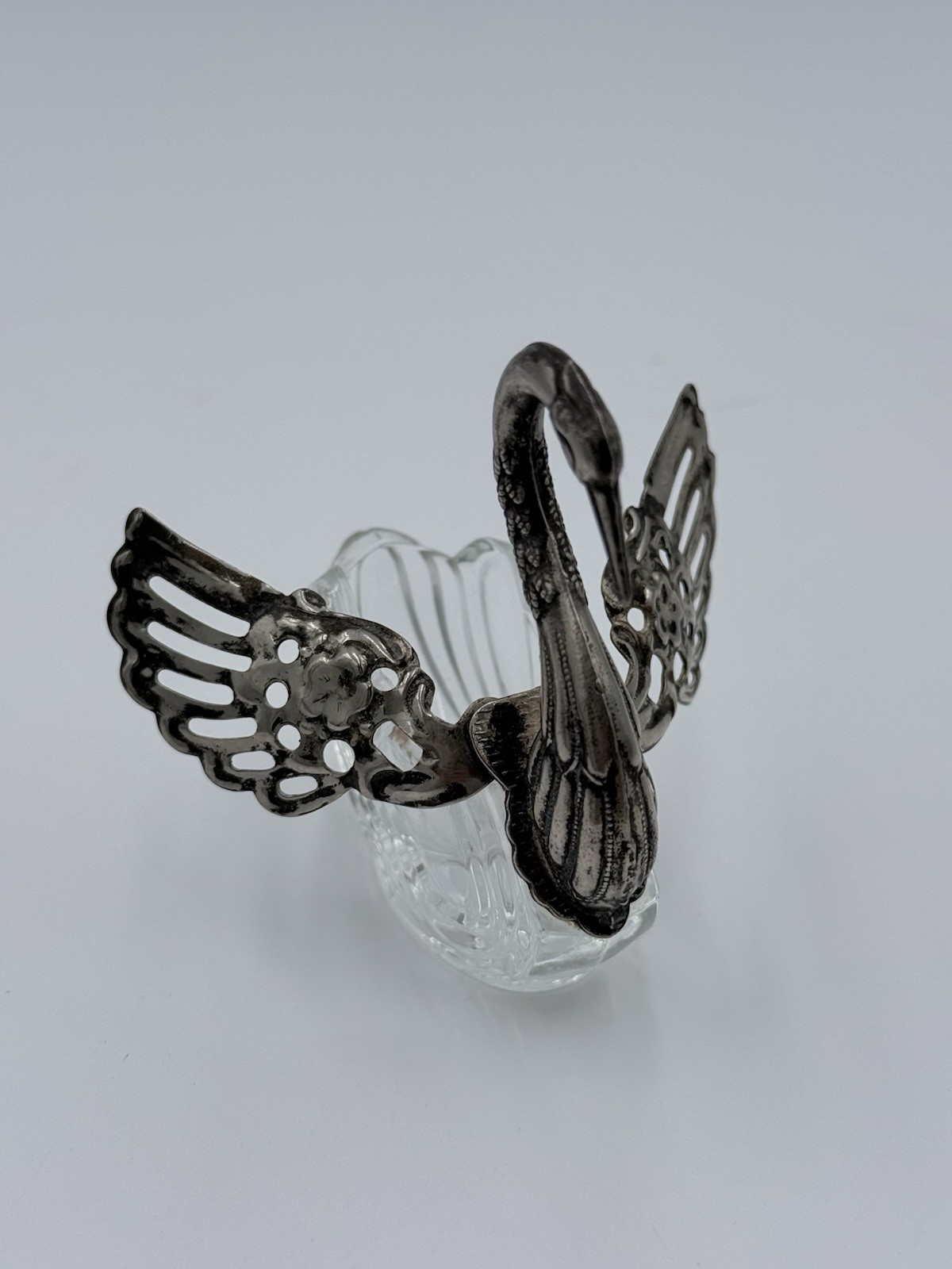 Vintage Sterling Silver And Glass Swan Salt Cellar Trinket Dish
