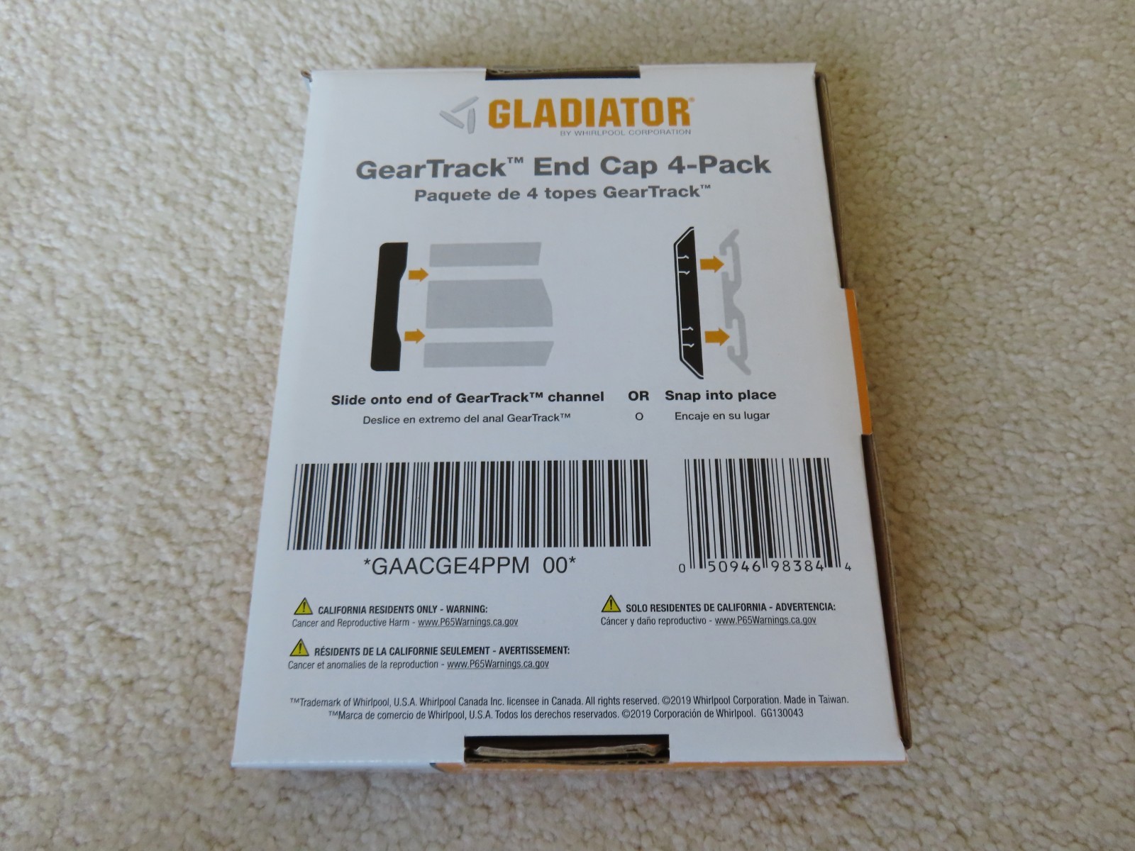 Open Box with Three (3) Individual Gladiator GearTrack Slide On End Caps