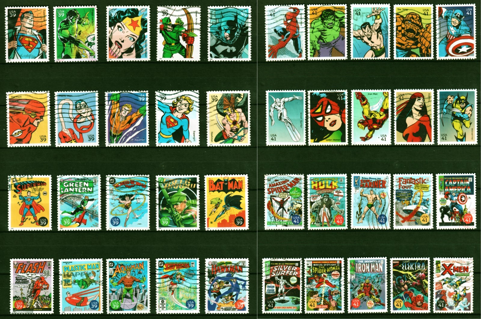 Marvel/DC Super Heroes  #4084a-t + #4159a-t TWO Complete Sets - 40 Used Stamps