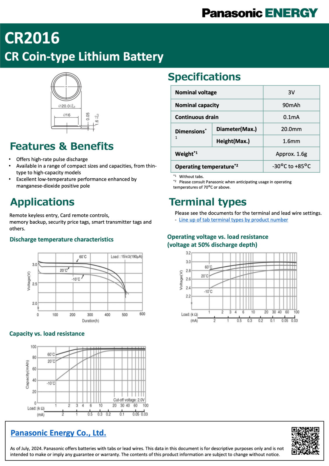CR2016 Panasonic Industrial Battery Coin Cell (CR-2016/BN). Lithium 3V, 90 mAH