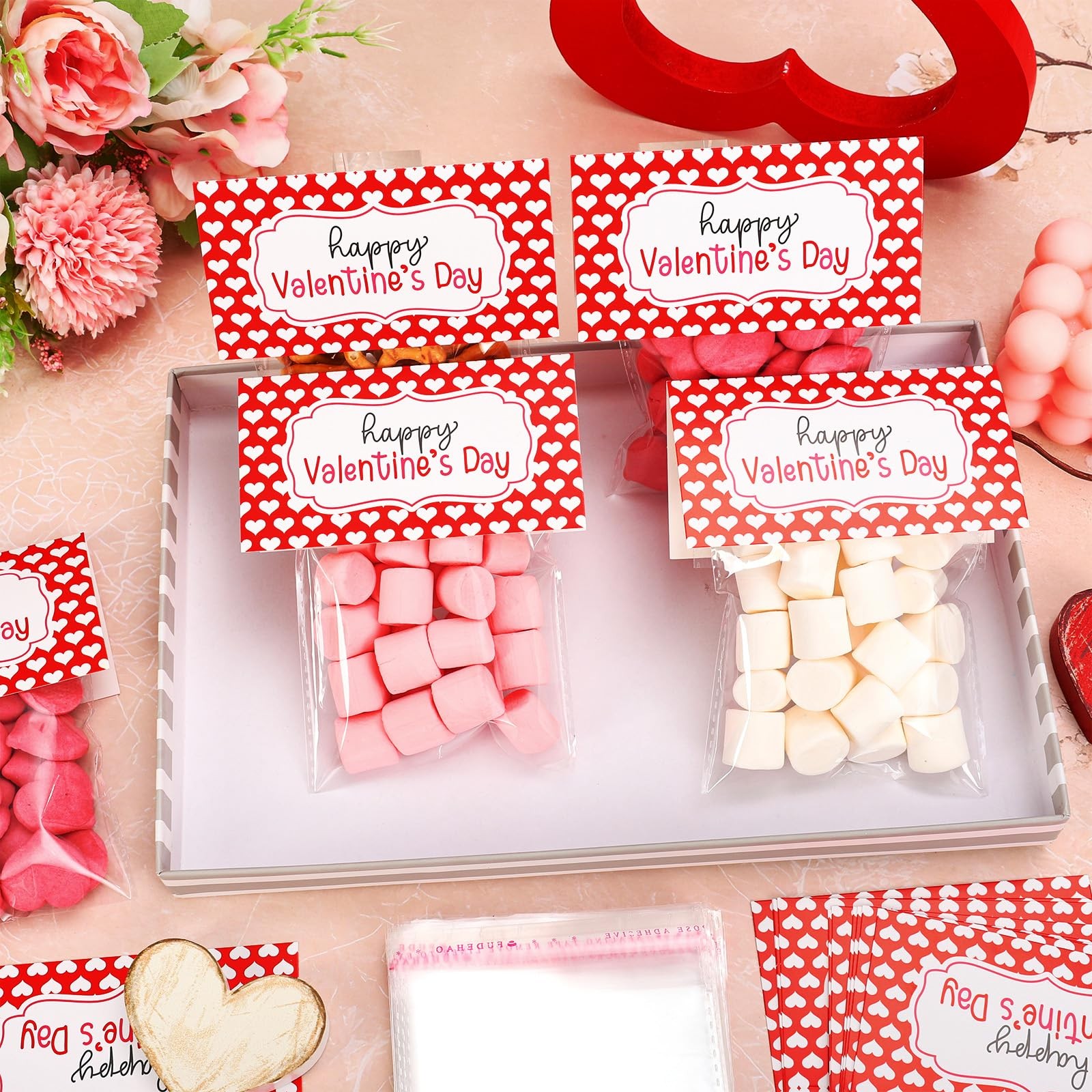 60 Set Valentine's Day Self-Adhesive Goodie Bags Candy Cello Bag with Topper Red