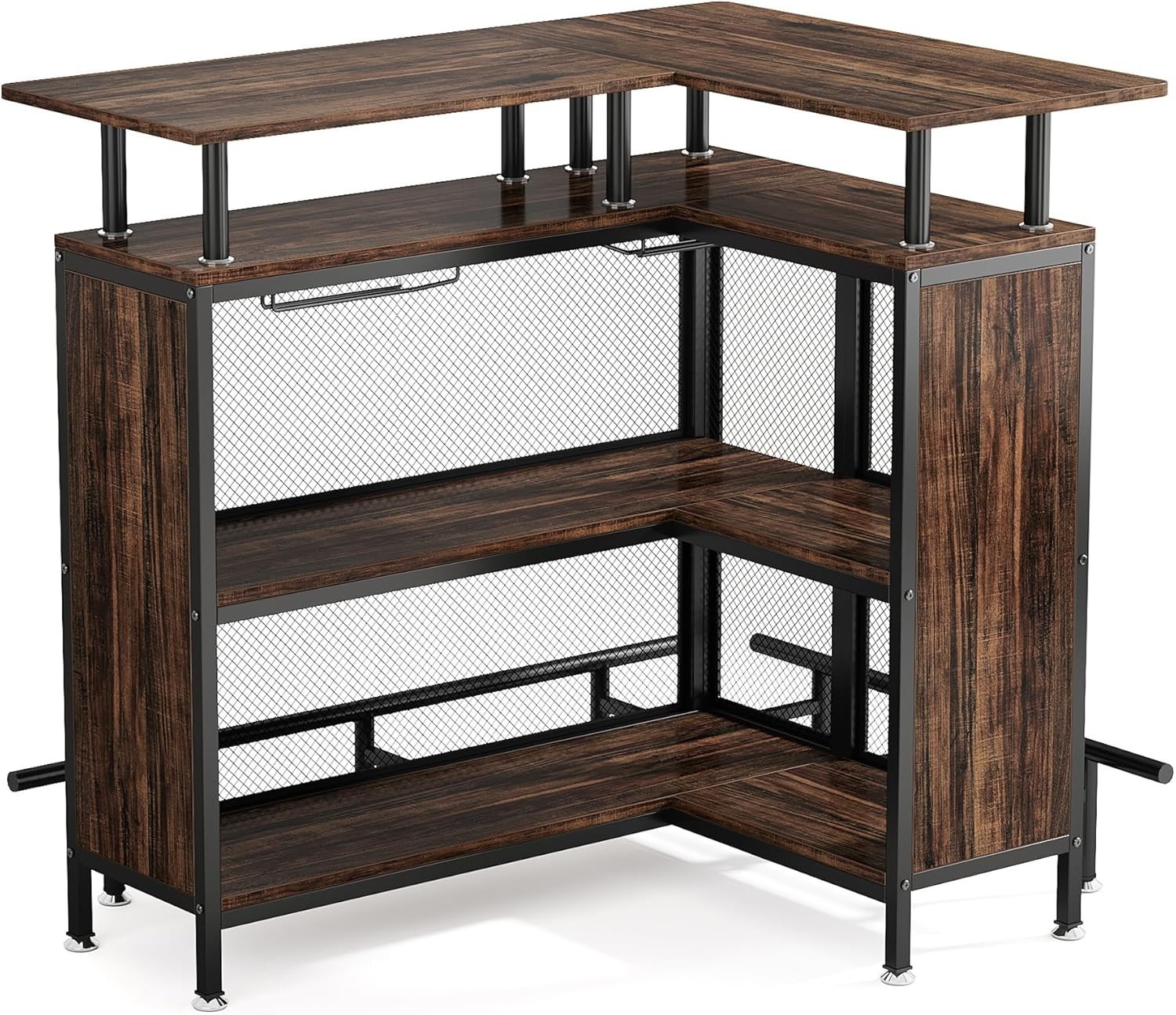 Home Bar Unit, 2-Tier L-Shaped Bar Table With Stemware Racks For Kitchen/Pub