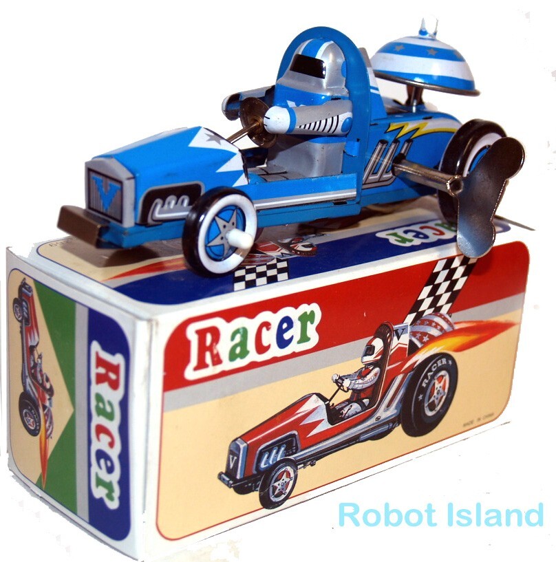 Robot Astronaut Racer Tin Toy Car Windup Blue