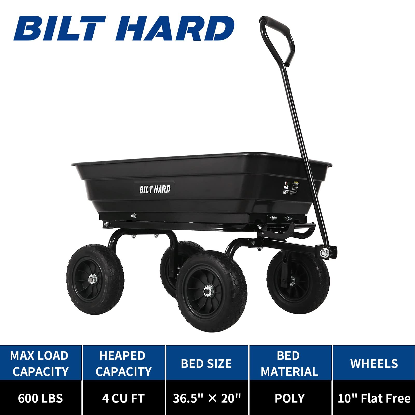 BILT HARD Poly Garden Cart Dump Wagon Cart 4 CU.FT 600 lbs 10" Tire Outdoor Yard