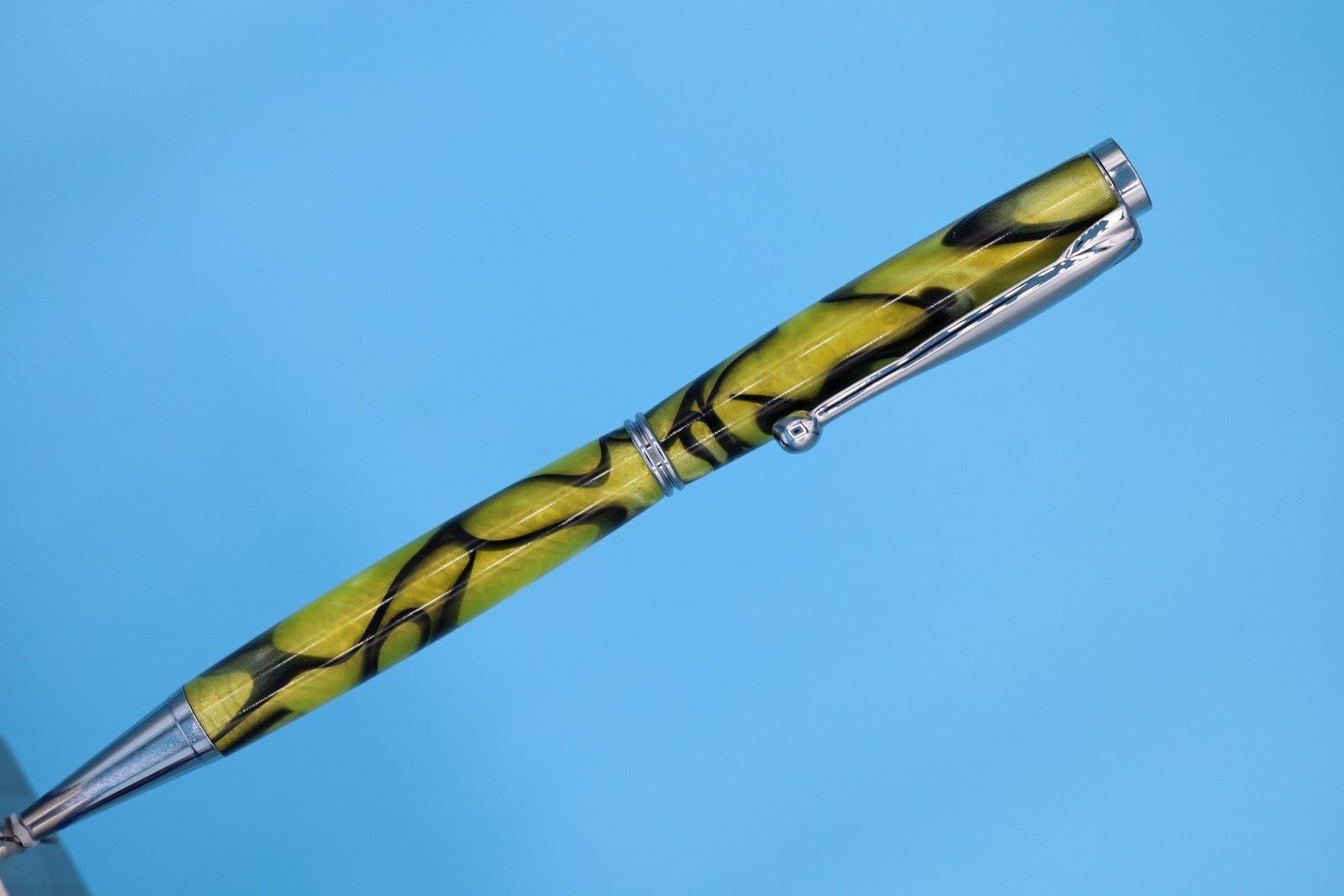 Fancy Slimline Ballpoint Pen in Chrome with Gold Resin and Black Swirls