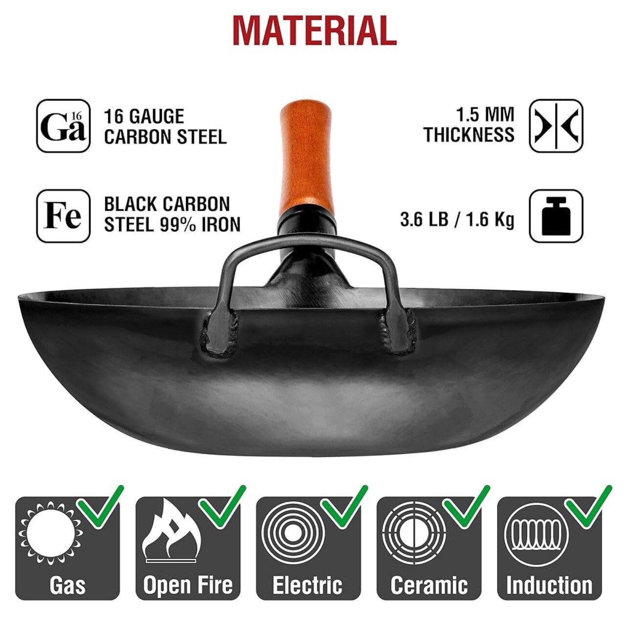 YOSUKATA Carbon Steel Wok Pan – 13,5 “ Stir Fry Pans - Chinese Wok with Flat Bot