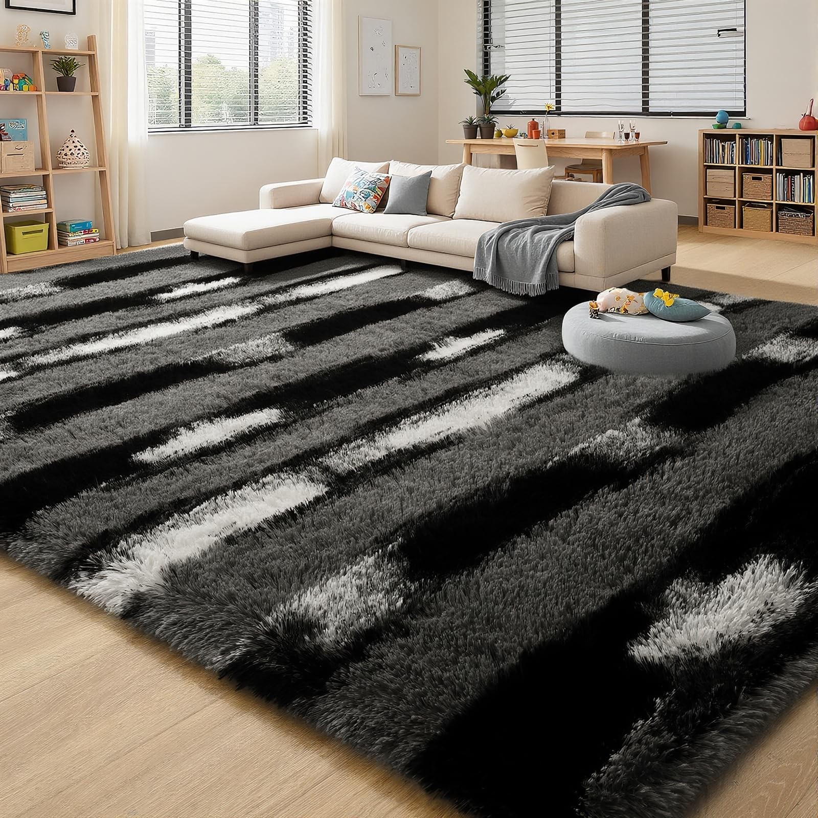 Fluffy Area Rugs for Bedroom Living Room, 4x6 Black and Grey Soft Plush Strip...