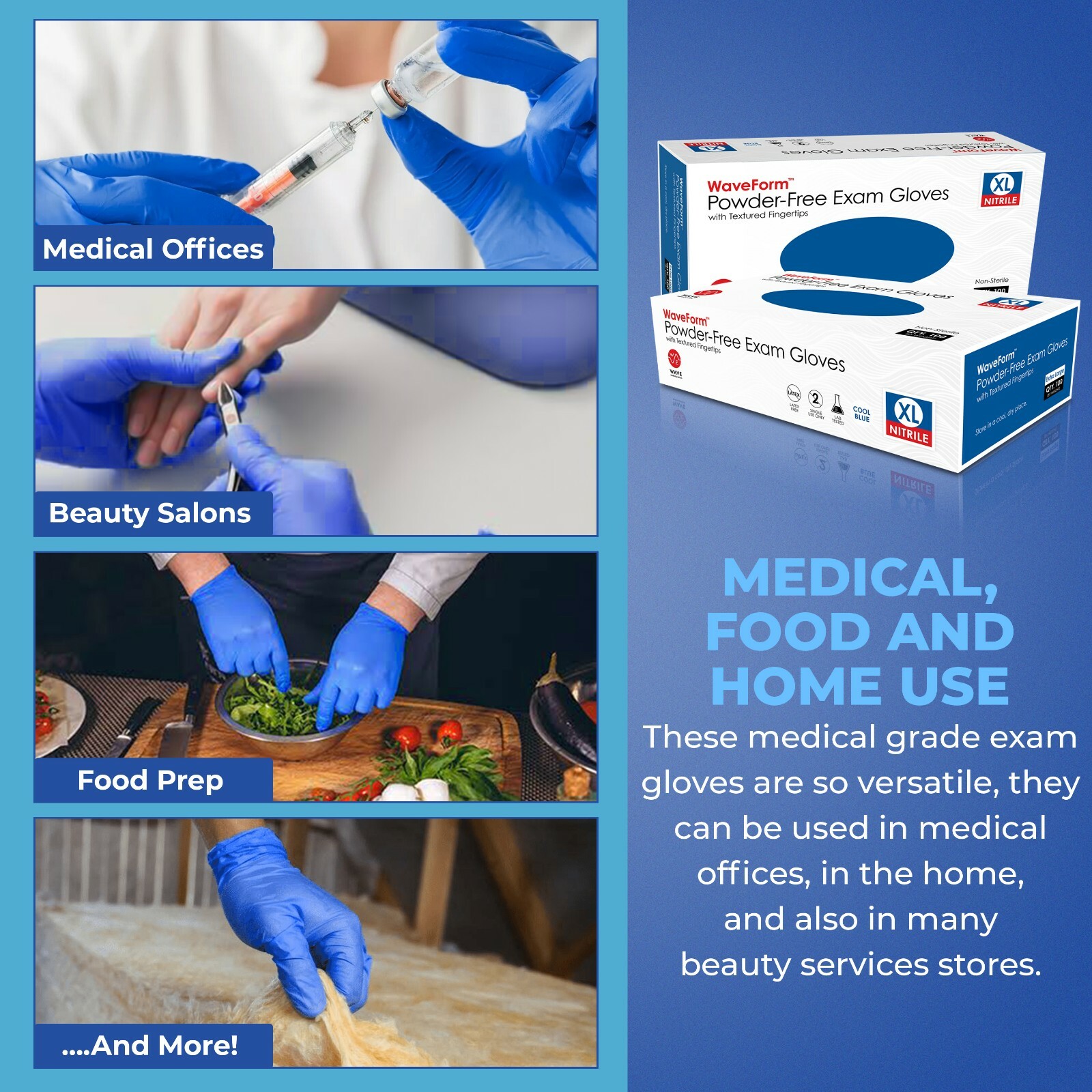 WAVE Blue Nitrile Disposable Exam/Medical Gloves 4 Mil, Latex & Powder Free