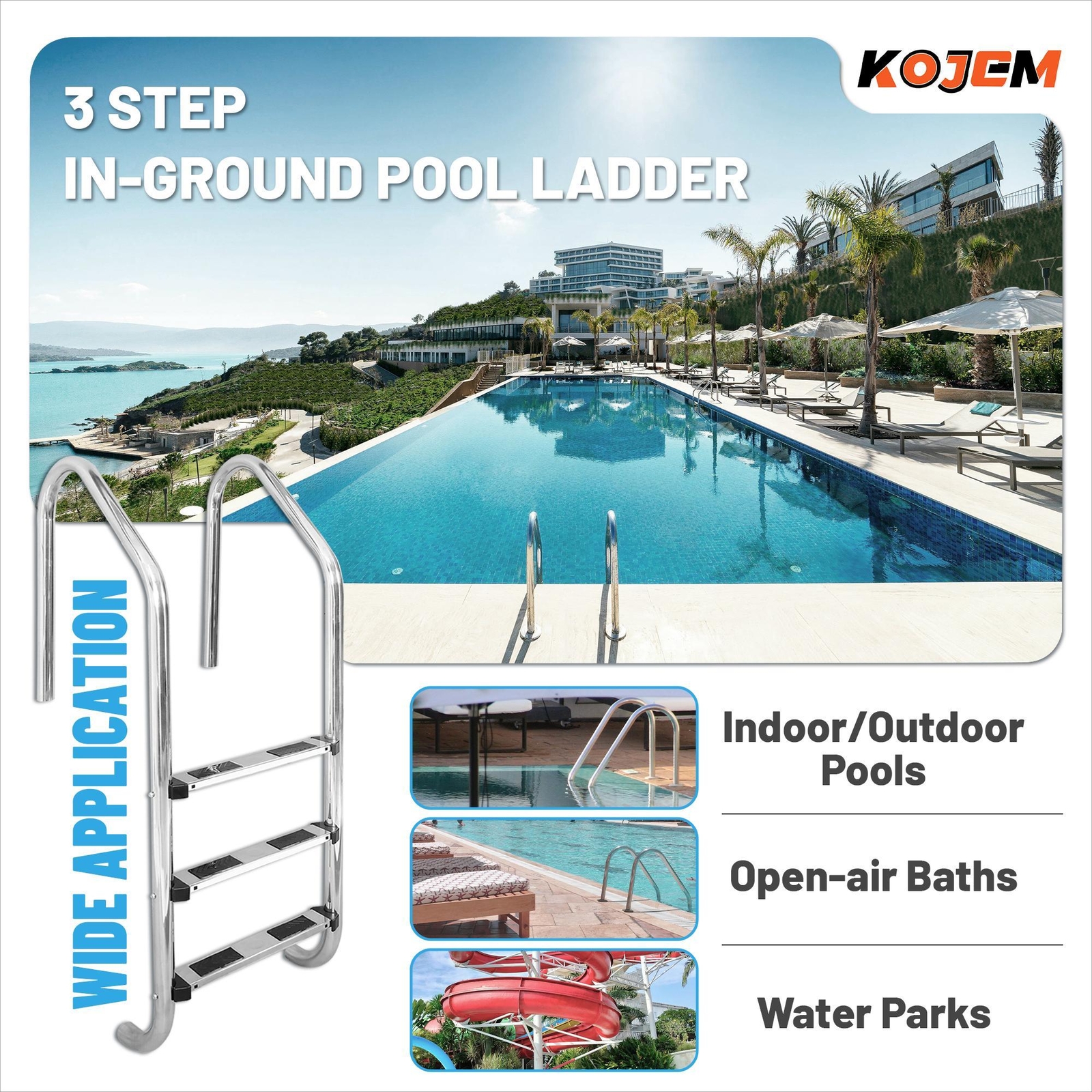 KOJEM Non-Slip 3-Step Stainless Steel Swimming Pool Ladder For In-Ground Pools