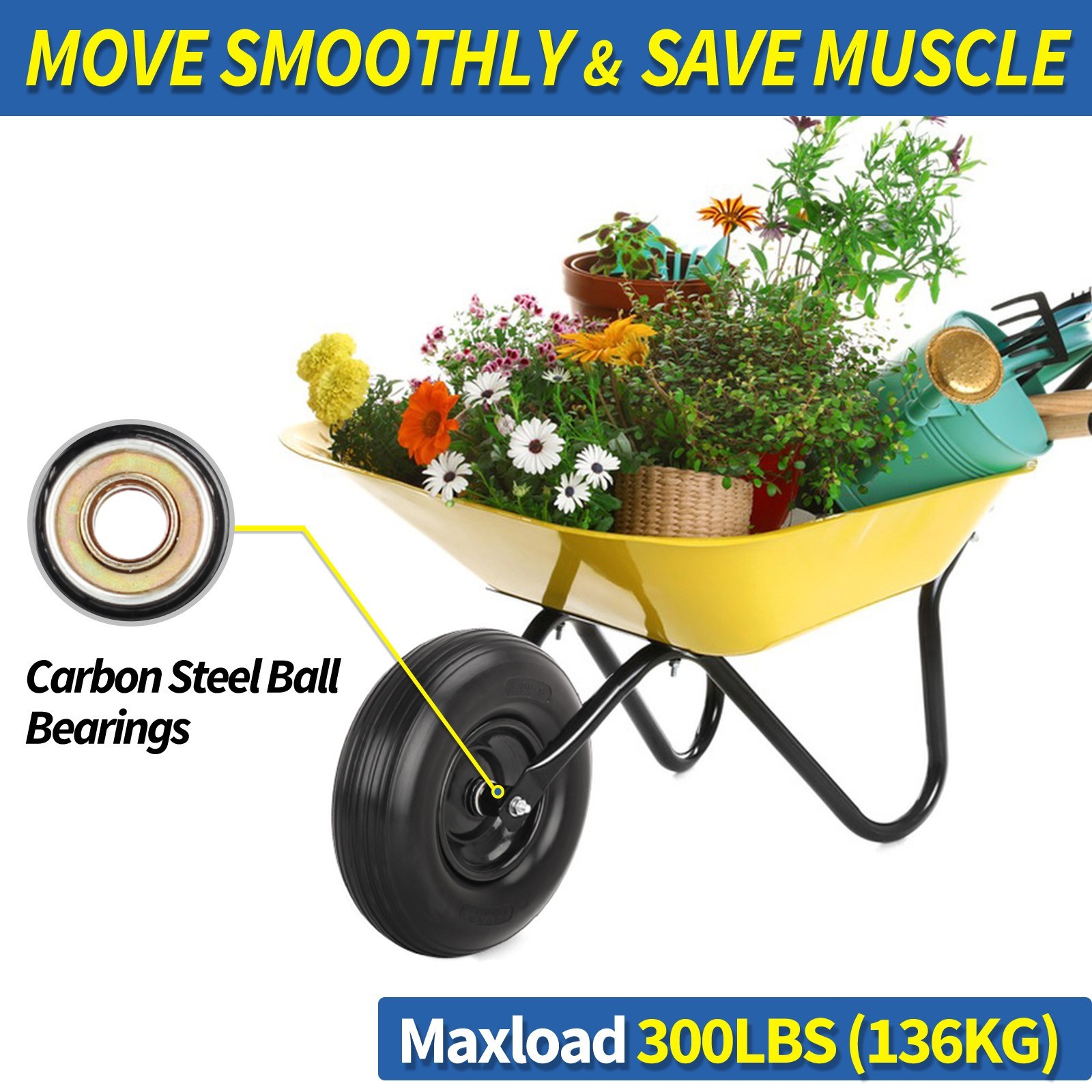 13 x 4.00-6 Flat free Solid Tire & Wheel for Wheelbarrow, Garden Wagon Cart