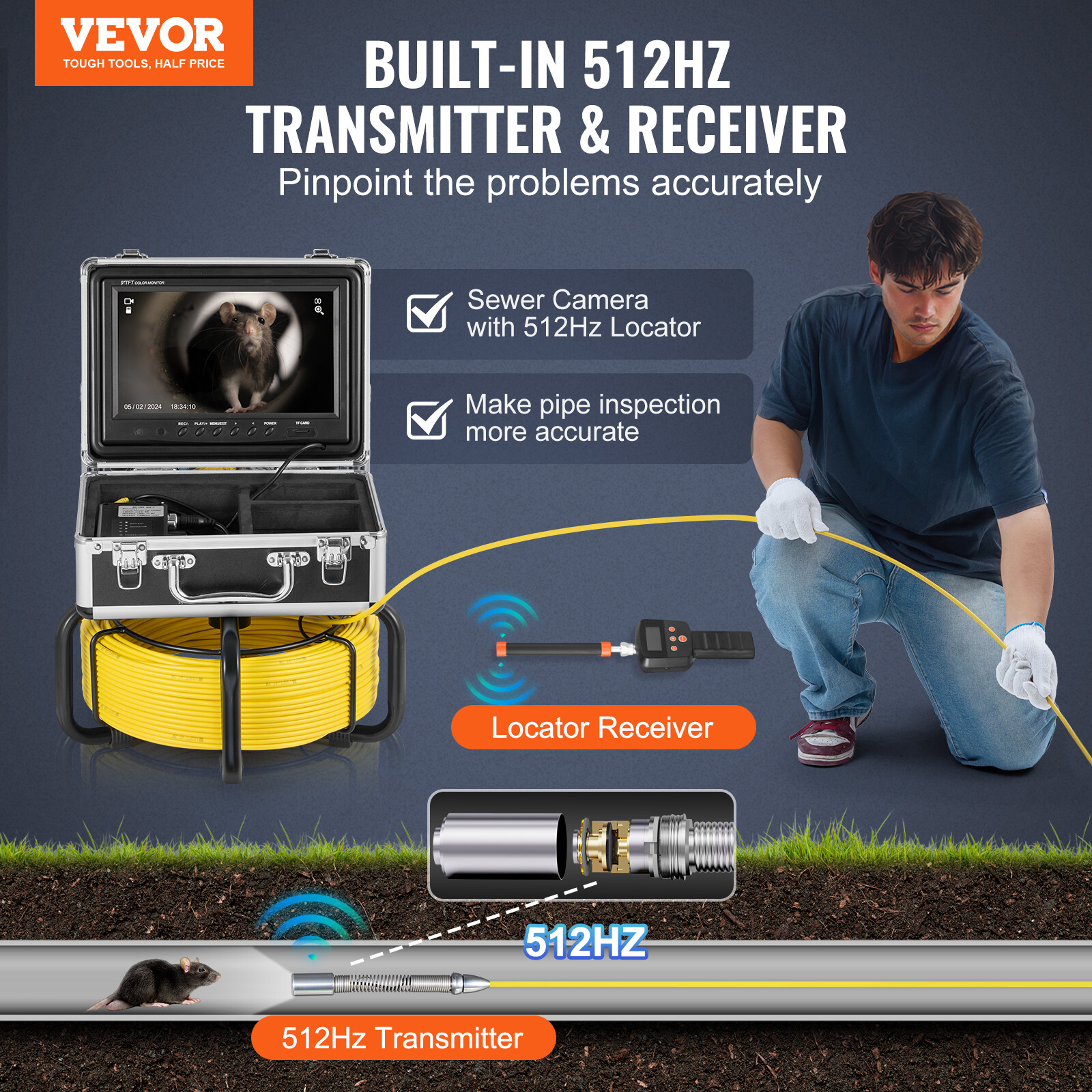 Sewer Camera 165 ft/50 m Self-Leveling Drain Duct Camera with 512Hz Locator