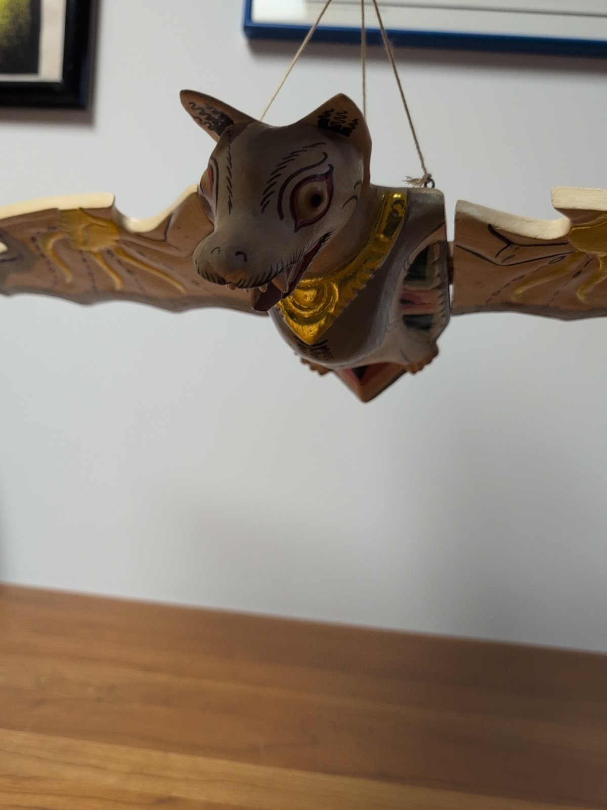 Vintage Flying Bat Mobile Balinese Spirit Chaser Hand Carved Wood Folk Art 18"