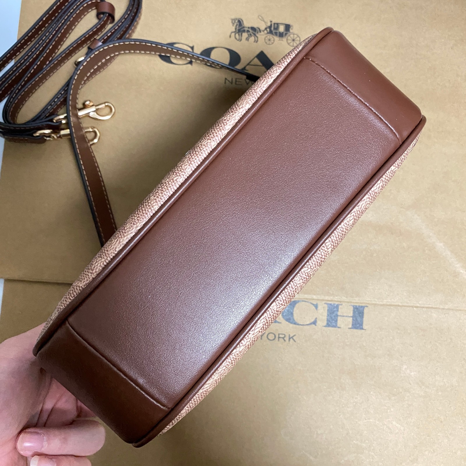 COACH x PEANUTS Teri Shoulder Bag Tan Brown Snoopy Print Signature Canvas CBJ88