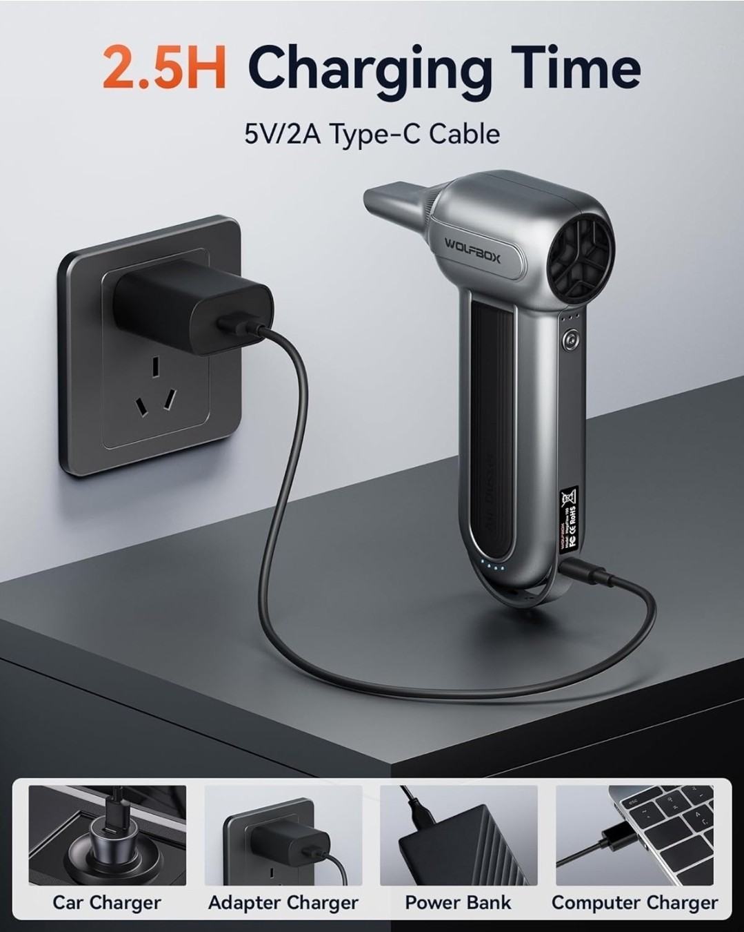 Wolfbox MF100 Electric Air Duster 150000RPM Super Power Cordless Silver/Gray