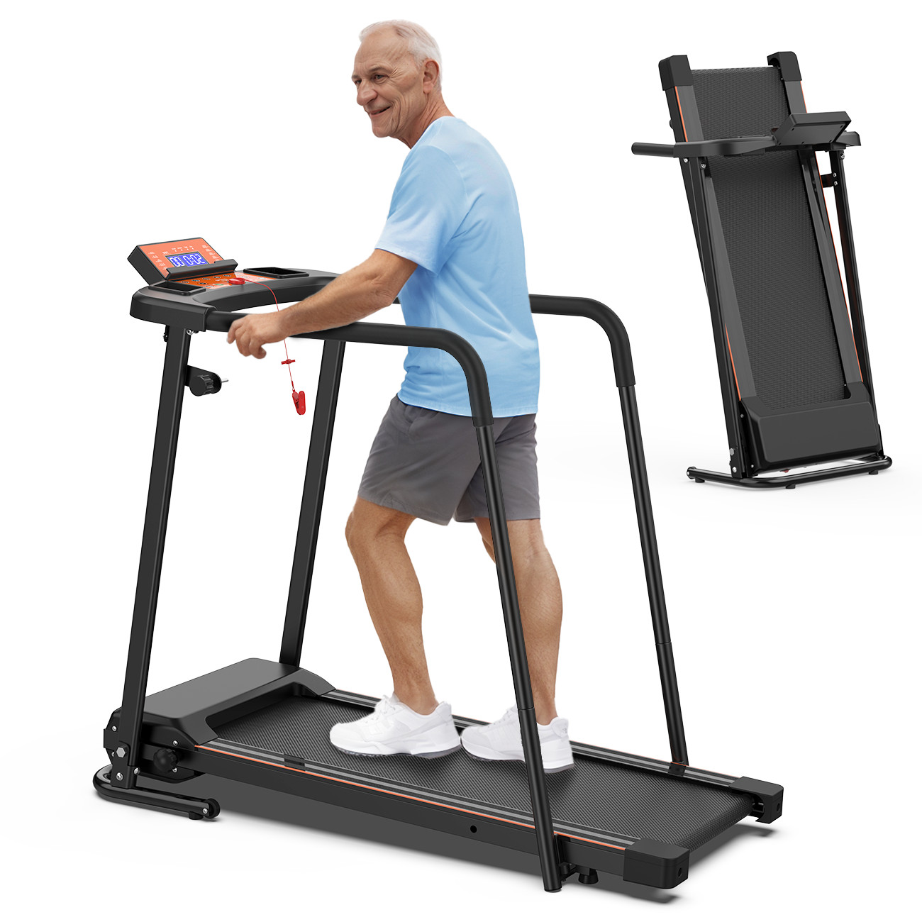Walking Treadmills for Home Seniors with Extended Handrails for Recovery Fitness