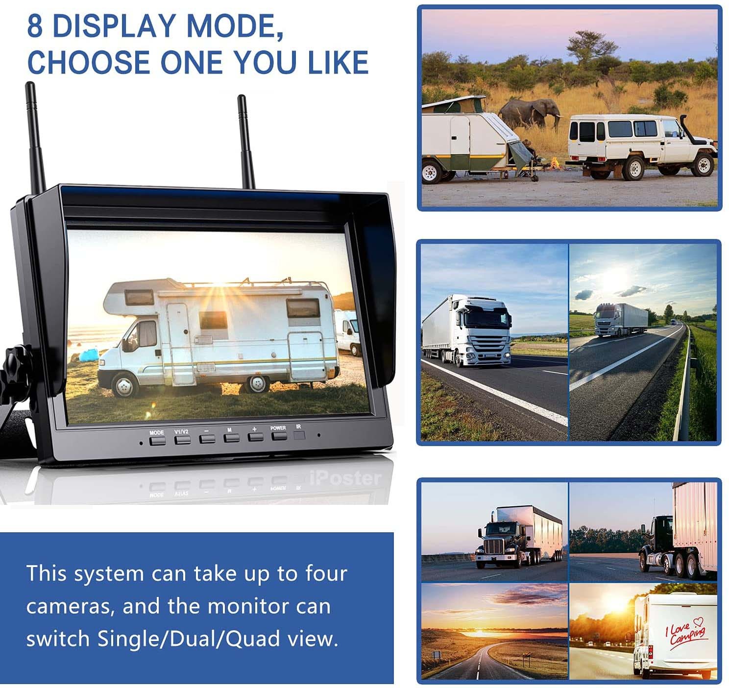 10.1" DVR 4-segment Monitor Wireless +2x 1080P Rear View Camera for Truck RV