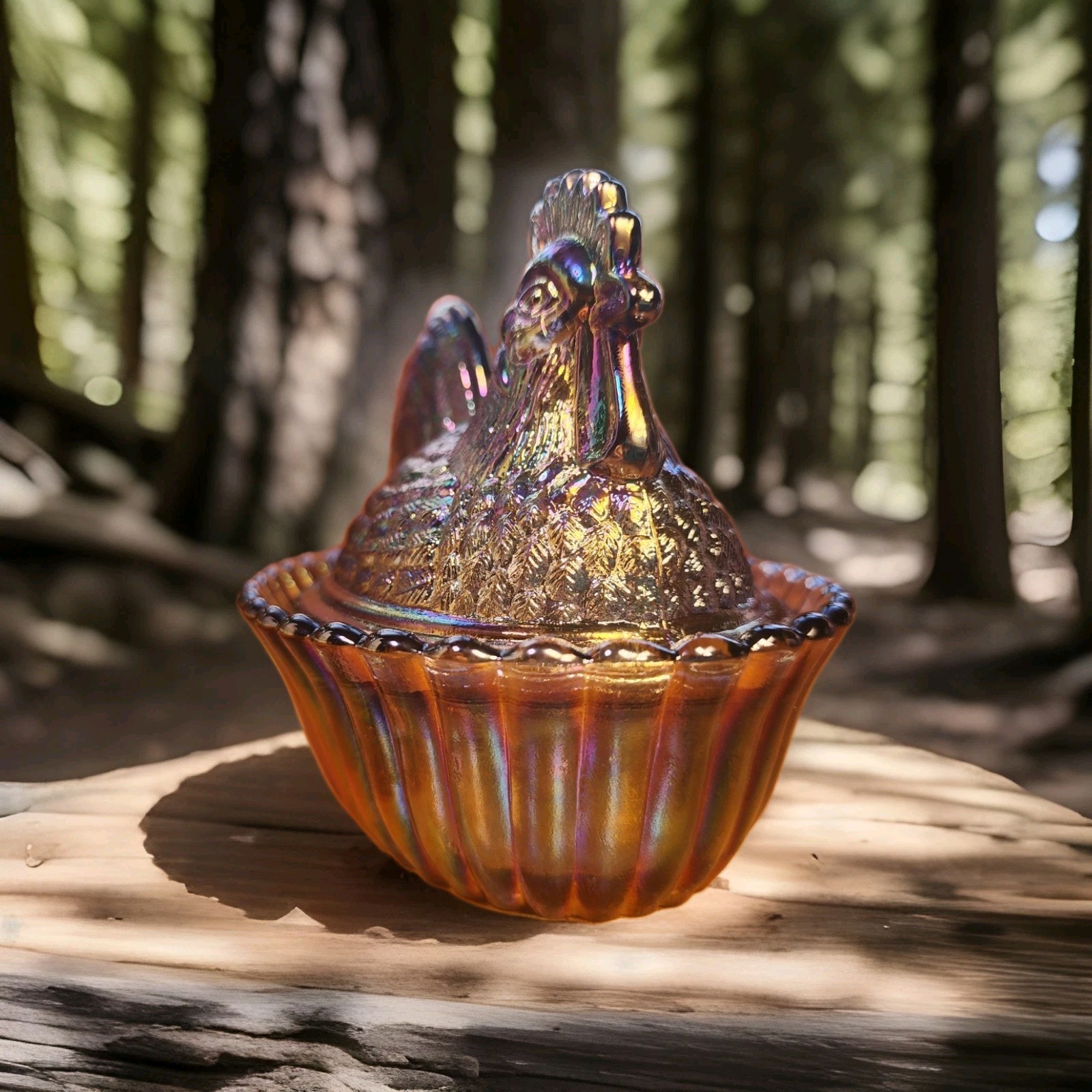 5" Rooster With Split Tail on a Ribbed Nest Titanium Carnival Westmoreland Mould