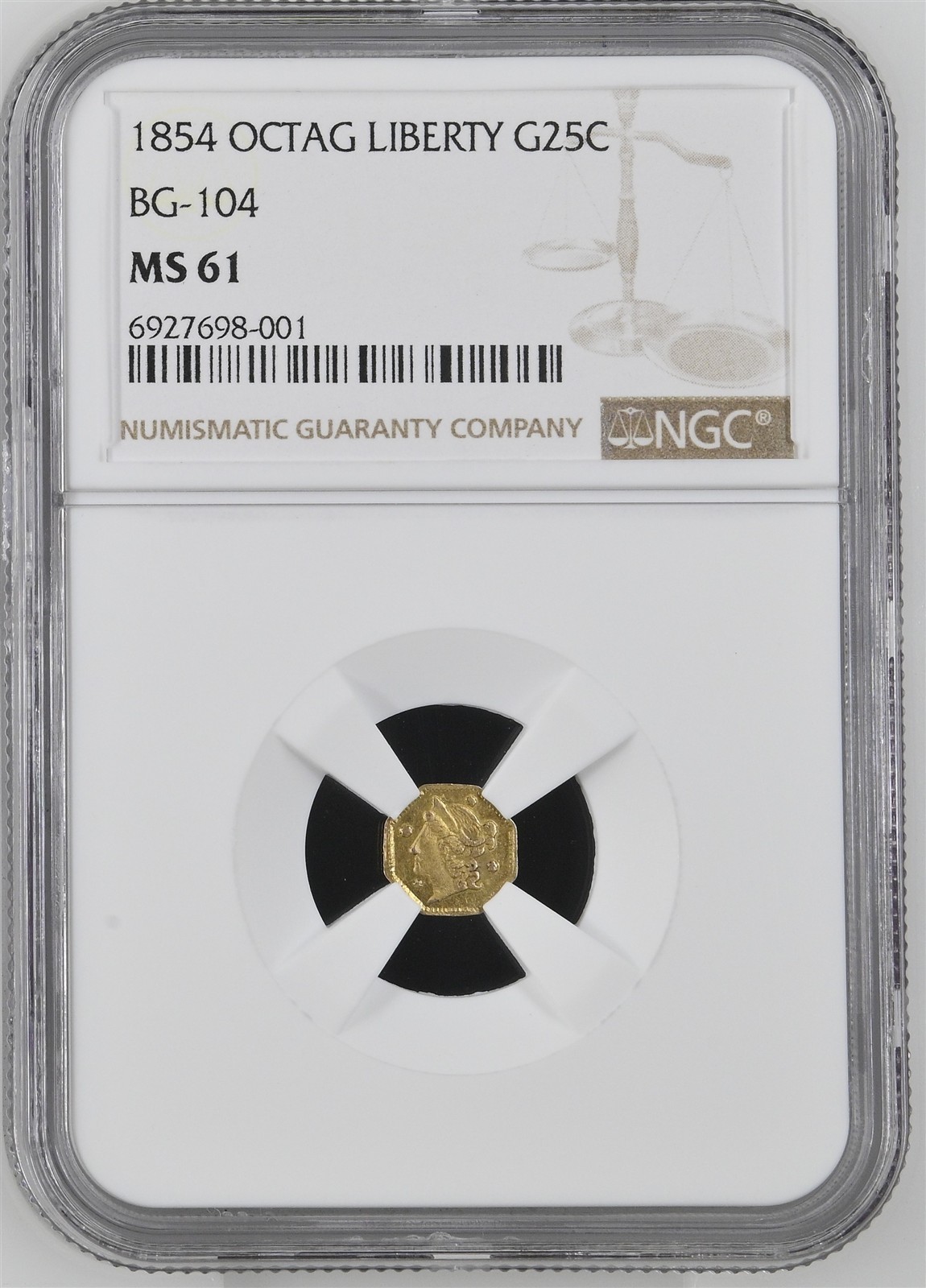 Scarce 1854 G25C California Fractional Gold BG-104 / NGC MS61 Total NGC Pop 20.