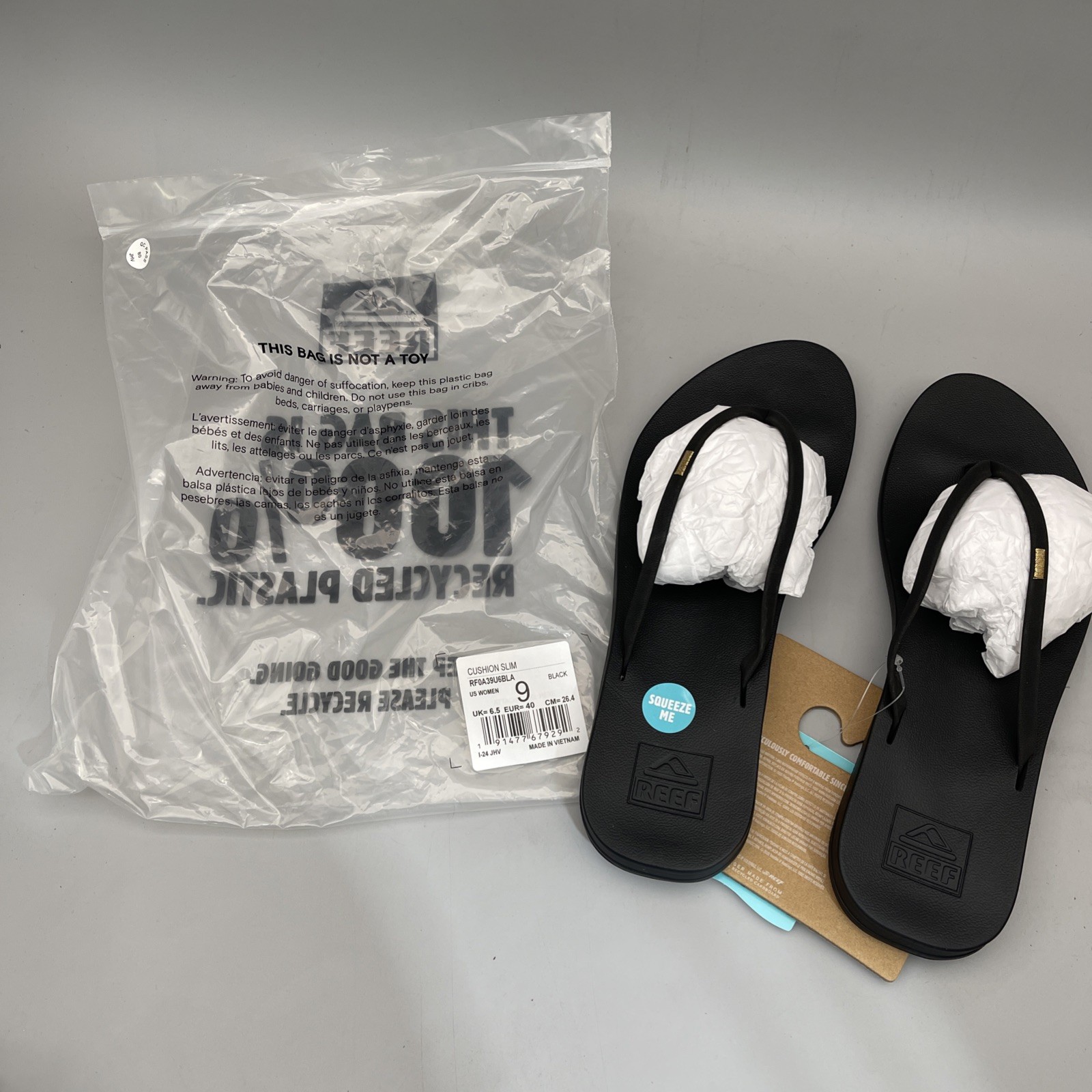 REEF Women’s Cushion Bounce Slim Flip Flops, Black Size 9 Brand New