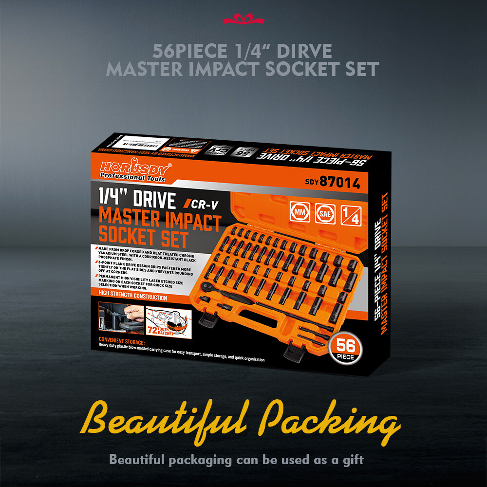 56PC 1/4" Drive Shallow & Deep 6-Point Socket Set Extension Bar Universal Joint