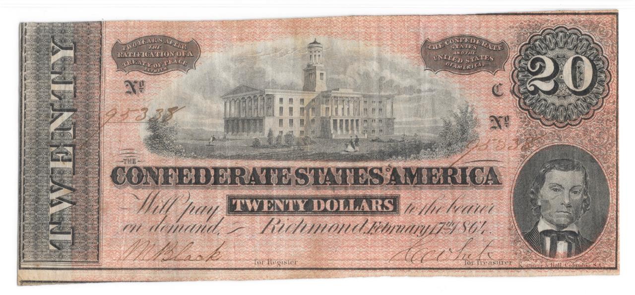 T-67 1864 $20 Confederate Note Signed by Black & White PMG VF 20 Nice Red Shade