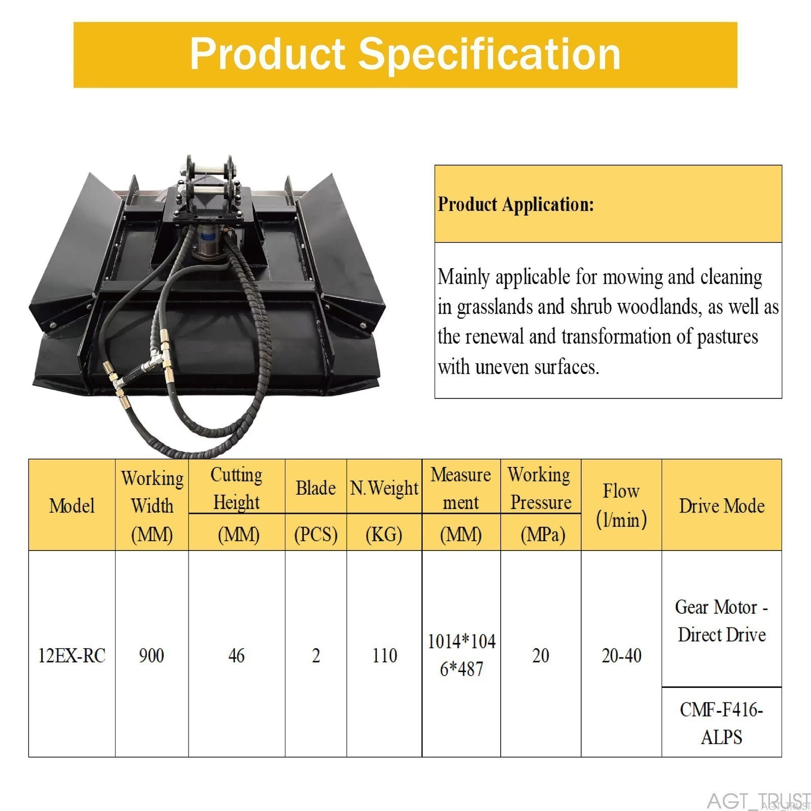 AGT 35in Black Brush Mower Mini Excavator Cutter Mower Attachment 110KG |12EX-RC