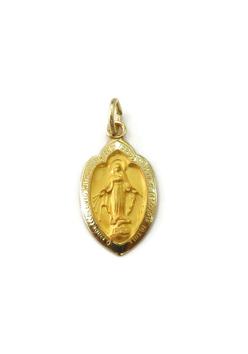 14K Yellow Gold Shield Virgin Mary Miraculous Medal Charm Necklace Pendant