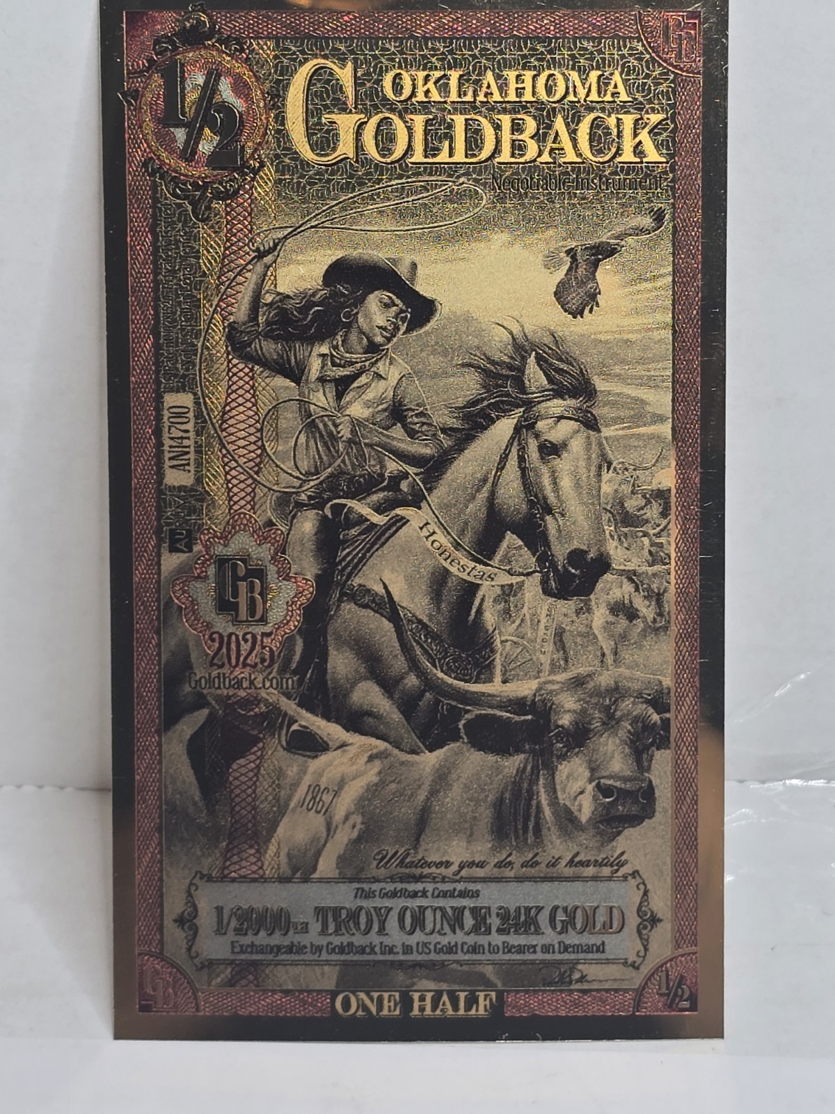 1/2 OKLAHOMA Goldback Aurum Gold Foil Note 1/2000 oz 24kt .999 Fine IN STOCK!!