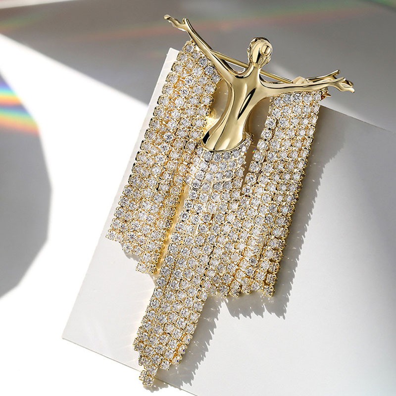 Rhinestone Golden Tassel Brooch Pin Coat Suit Pins Fashion Lady Jewelry Corsage
