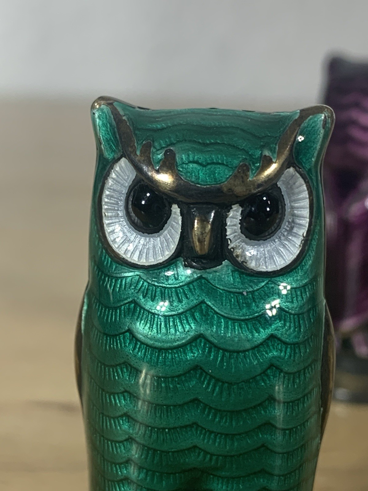 Rare David Andersen Norway 925 Sterling Guilloche Enamel Owl Salt Pepper Shakers
