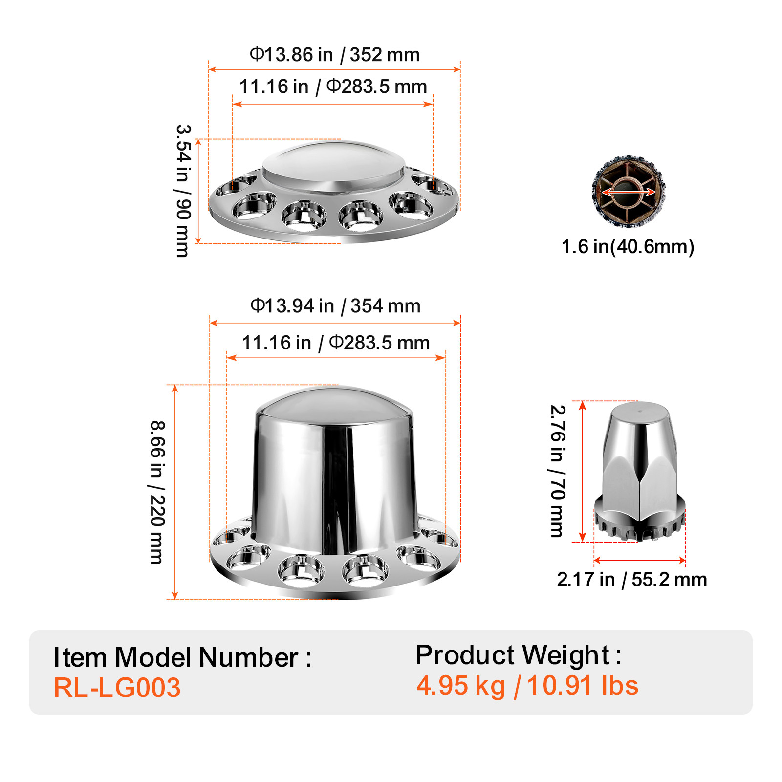 Chrome Hub Cover Semi Truck Wheel Axle Cover 33mm Lug Nut Front & Rear Thread-On