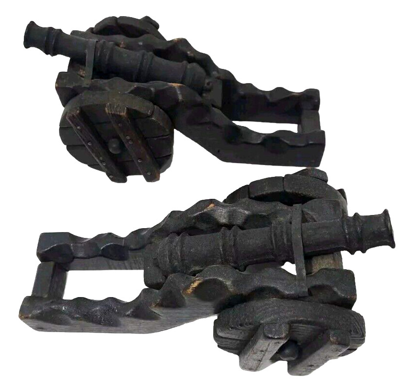 Set 2 Antique Cast Iron Wood Model Miniature Field Gun 10" Cannon On Wheels Toy