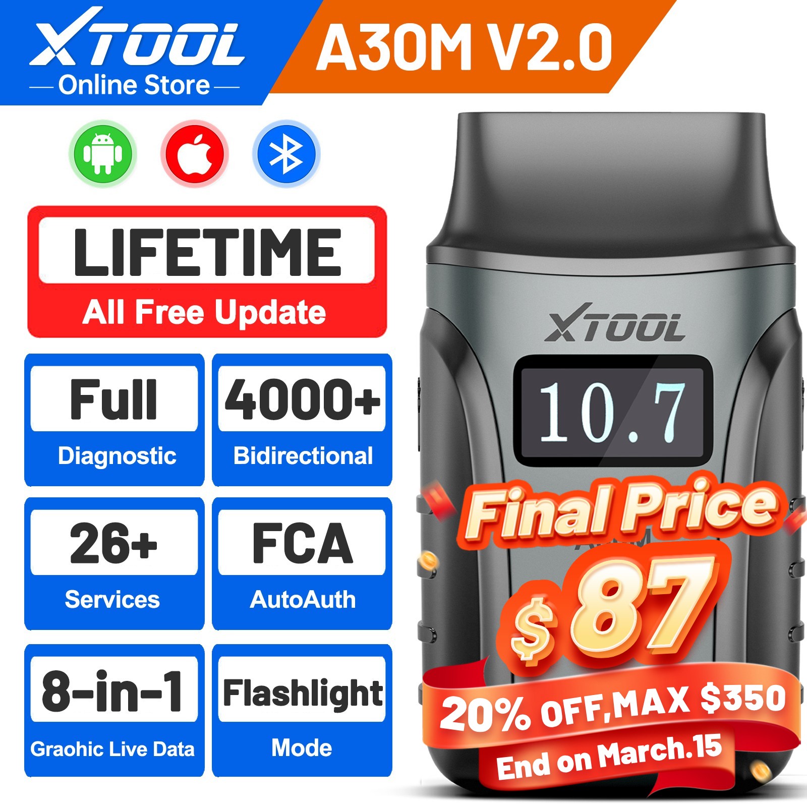 USED XTOOL A30M V2.0 Bluetooth OBD2 Diagnostic Scanner Bidirectional Code Reader