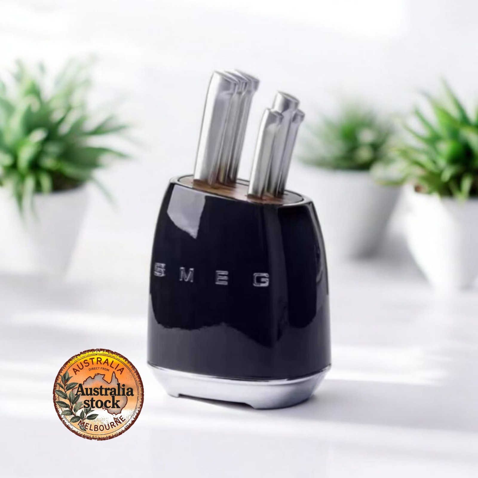 SMEG Kitchen Knife Block Set BLACK 6 German Stainless Steel Knives. QLD STOCK