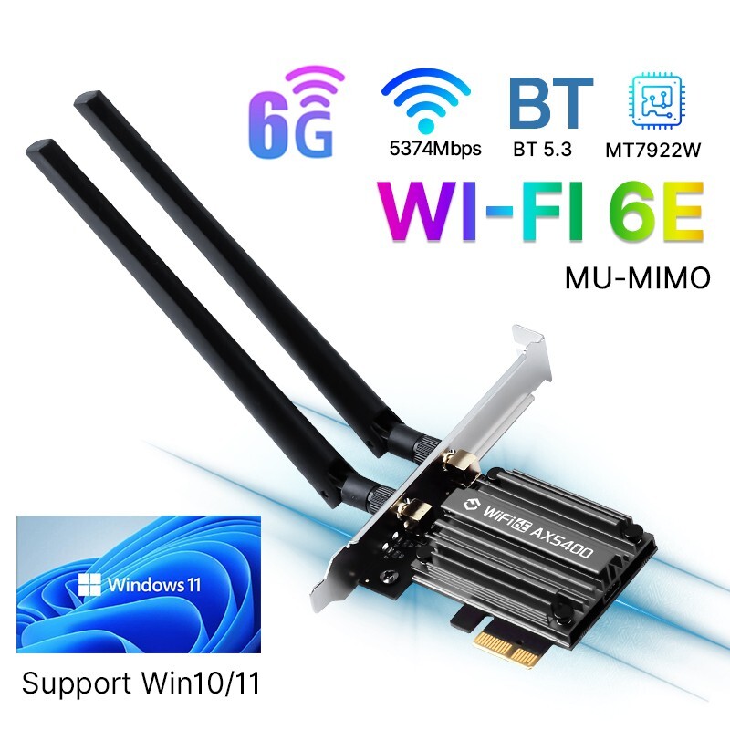 WiFi 6E PCI-E Card AX5400 Bluetooth 5.2 802.11ax Tri-Band 2.4G/5G/6G for Desktop