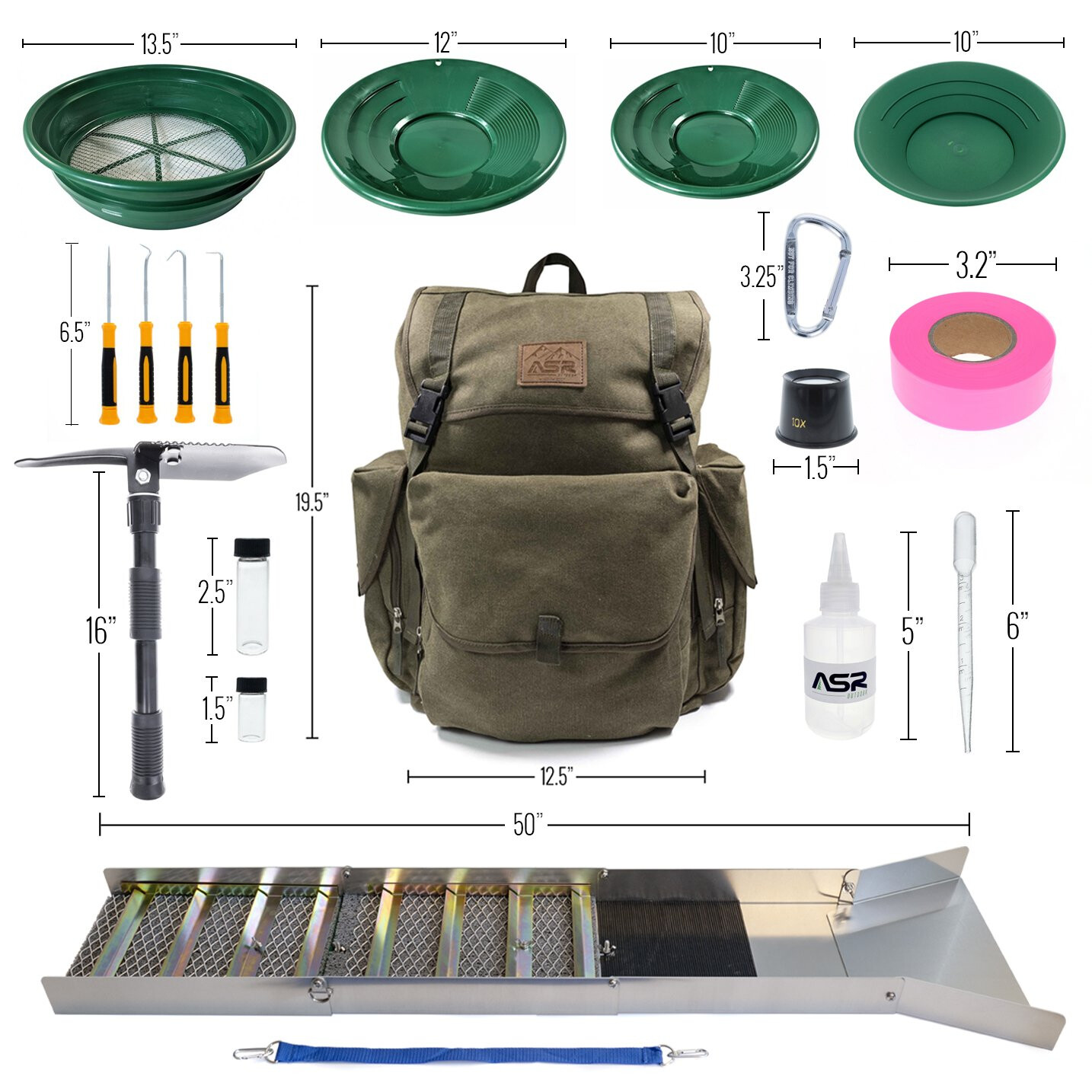 ASR Outdoor Deluxe Aluminum Folding Sluice Box Gold Prospecting Backpack Kit GRN