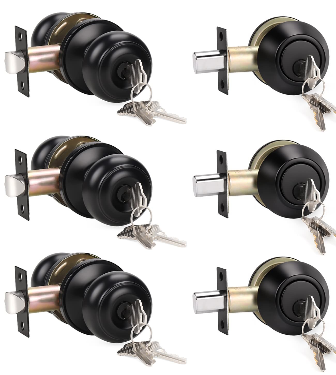 Entry Door Knob Deadbolt Combo Single Cylinder Keyed Alike Matte Black 3 Pack