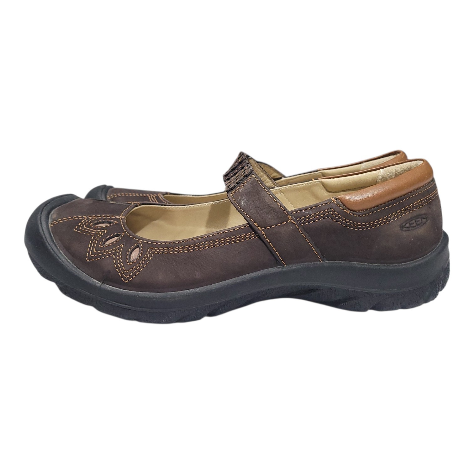 Keen Mary Jane Shoes Women's 8 Brown Leather Slip On Flower Detail EXCELLENT