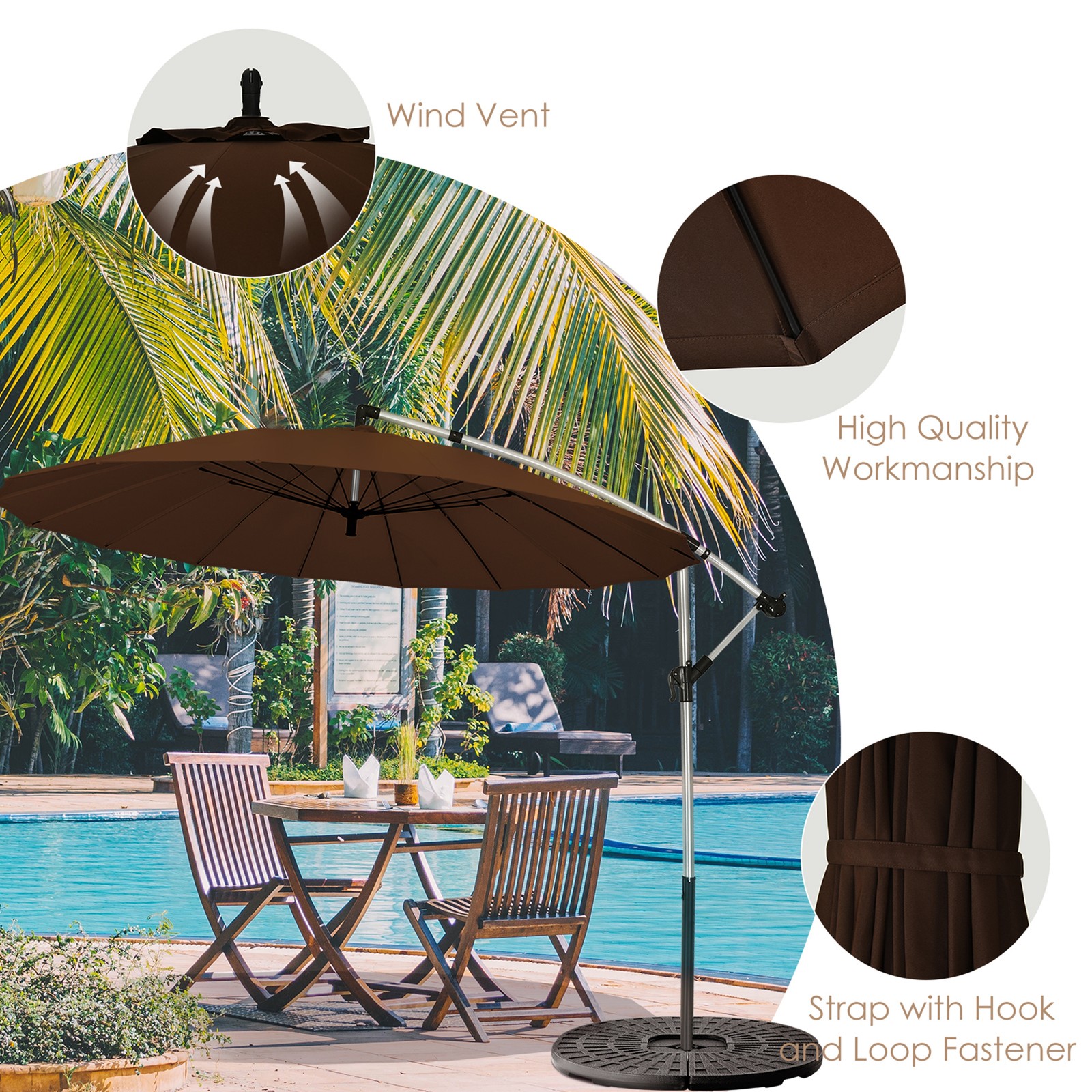10FT Patio Offset Hanging Umbrella Cantilever Umbrella w/ Tilt Adjustment Tan