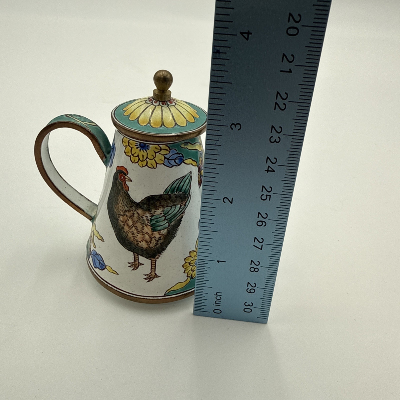 KELVIN CHEN Miniature Teapot 2000 Enameled Copper Rooster Chicken Florals #1852