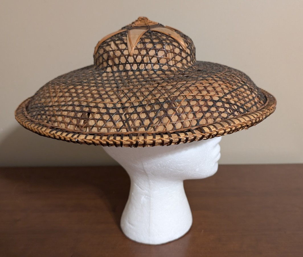 Vintage Filipino Salakot Woven Rattan and Coconut Fiber Sun Hat 15” Diameter