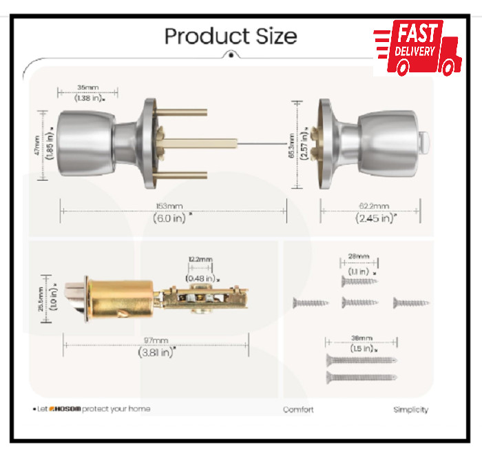 Door Knob with Lock and Key, Keyed Entry Door Knob, Exterior and Interior Door L